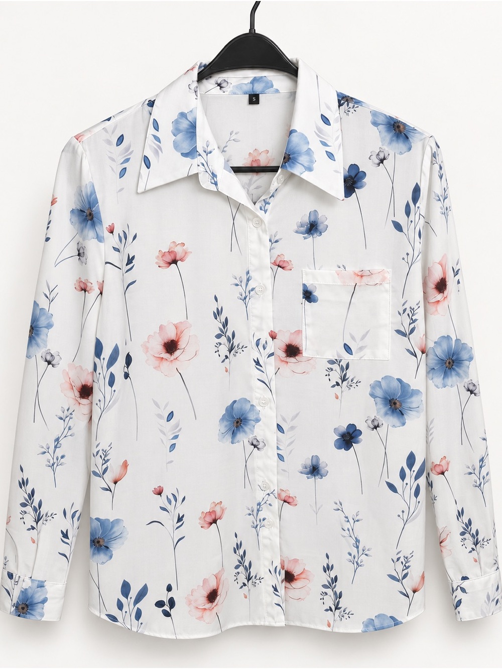 Women's Floral Button-Up Shirt in White with Blue & Pink Flowers
